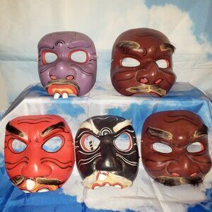 5 - Vtg Wood Indonesia Bali Topeng Dance Theater Demon Half-Masks Handcrafted